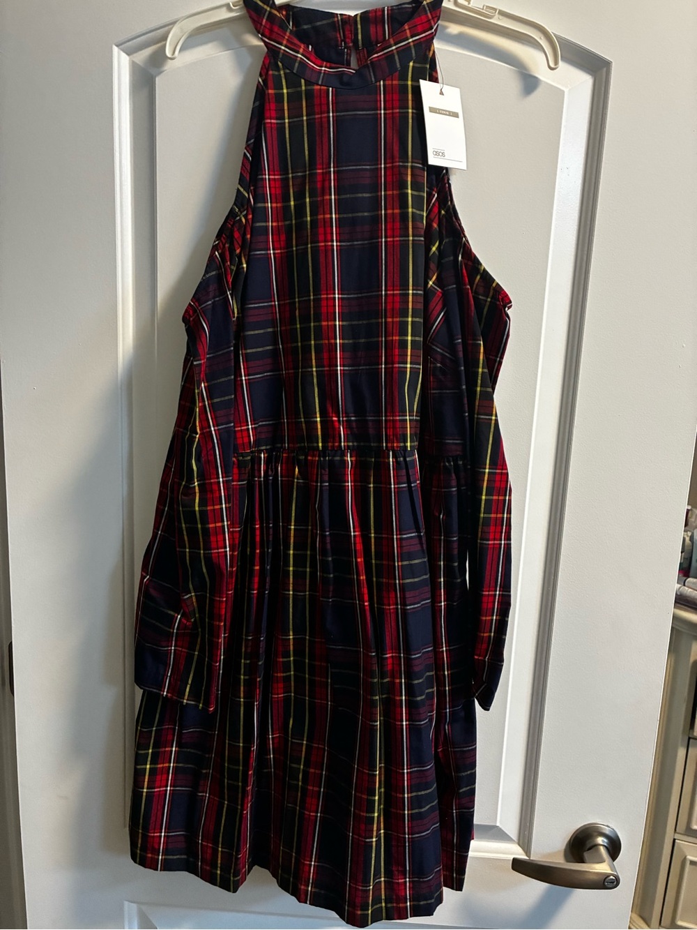 ASOS Navy, Red and Yellow Plaid Halter Dress